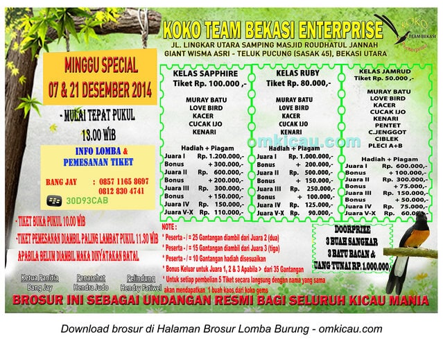Brosur Lomba Burung Berkicau Koko Team, Bekasi, 7 & 21 Desember 2014