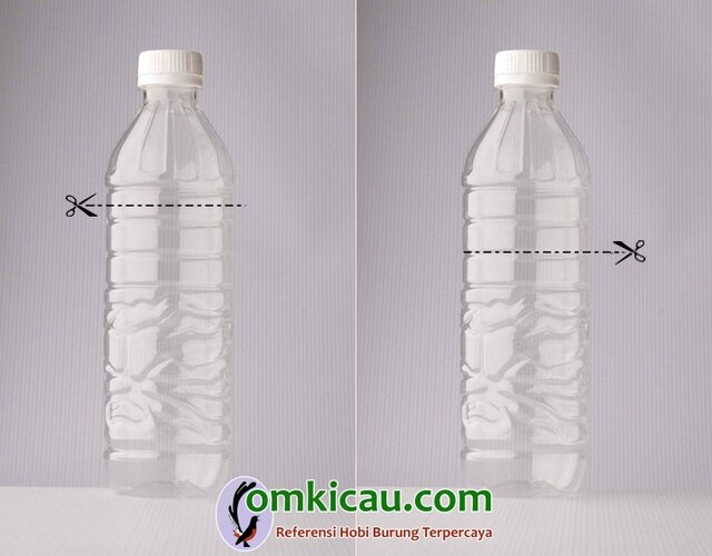 Arah potongan botol ukuran 2 liter (gambar kiri) dan arah potongan botol ukuran 1 liter (gambar kanan)