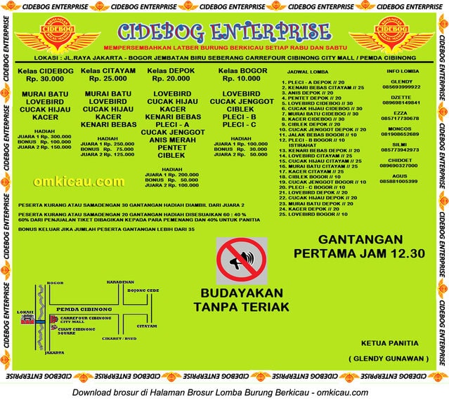 Brosur Latber Burung Berkicau Cibedog Enterprise, Cibinong, setiap Rabu dan Sabtu