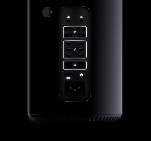 This array of ports has the power that PCI slots on old Mac towers did. But will it be as practical? That answer may depend on vendors. Photo courtesy Apple.