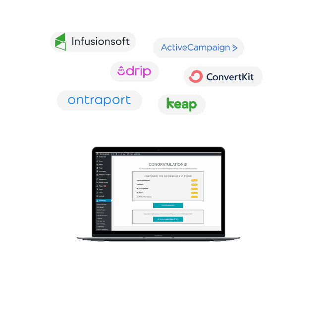 Email-marketing-integrations Laptop with screenshot of AccessAlly and Email Marketing Company Logos