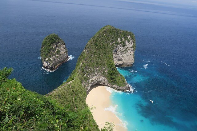 Aerial view of T-Rex Beach on Nusa Penida Island in Bali