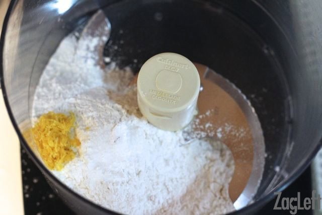 Dry ingredients for making scones in a food processor