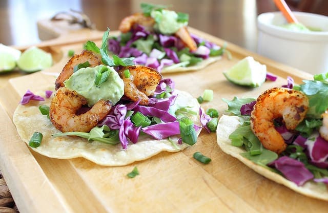 Spicy Shrimp Tostadas with Jalapeno Avocado Sauce