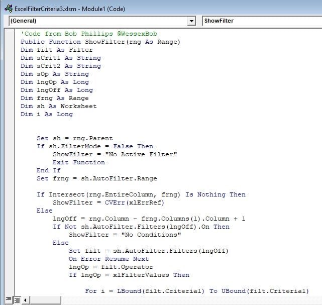 Pasted VBA ShowFilter code
