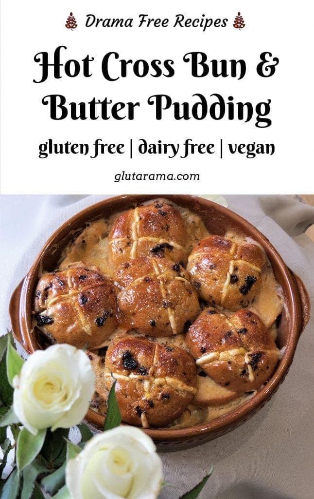 Hot Cross Bun and Butter Pudding; gluten free, dairy free, vegan. This is such an easy recipe to create for Easter Sunday #glutenfree #dairyfree #vegan #easter #traditional #easterrecipies #hotcrossbuns