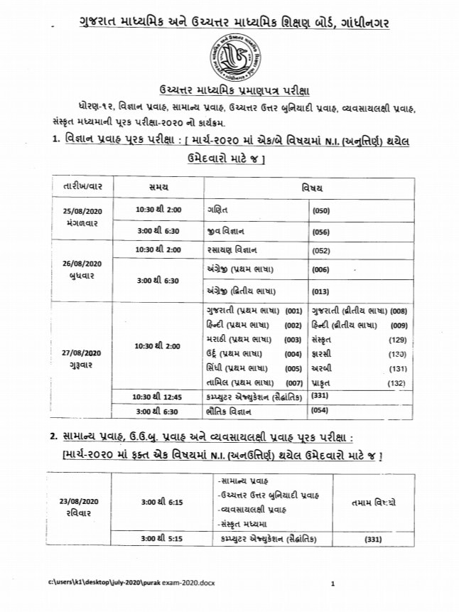 Sarkari Naukri Updates GSEB HSC Purak Pariksha Time Table 2020