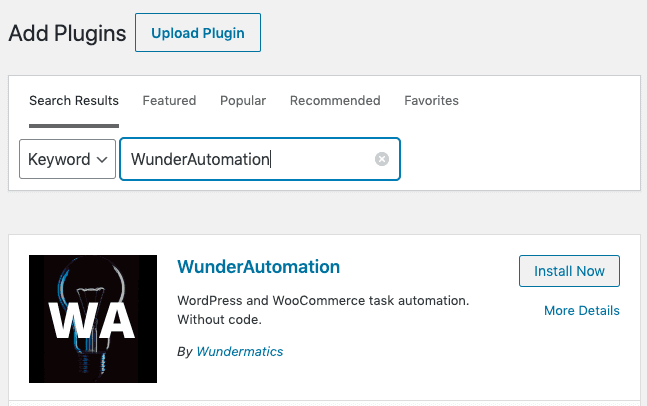 WunderAutomation in the plugin search screen