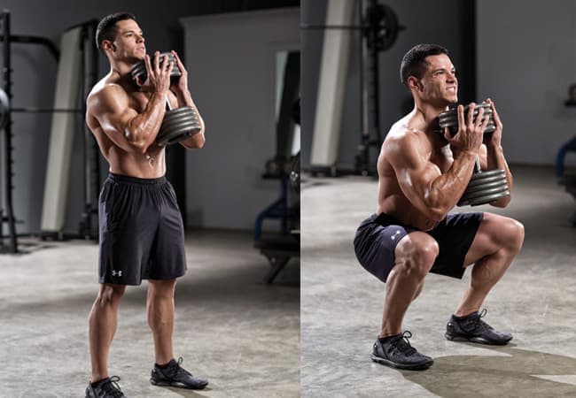 A guy has a goblet squat training
