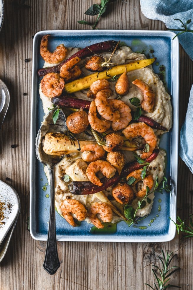 Masala Garnelen mit Pastinaken Stampf und Ofengemüse