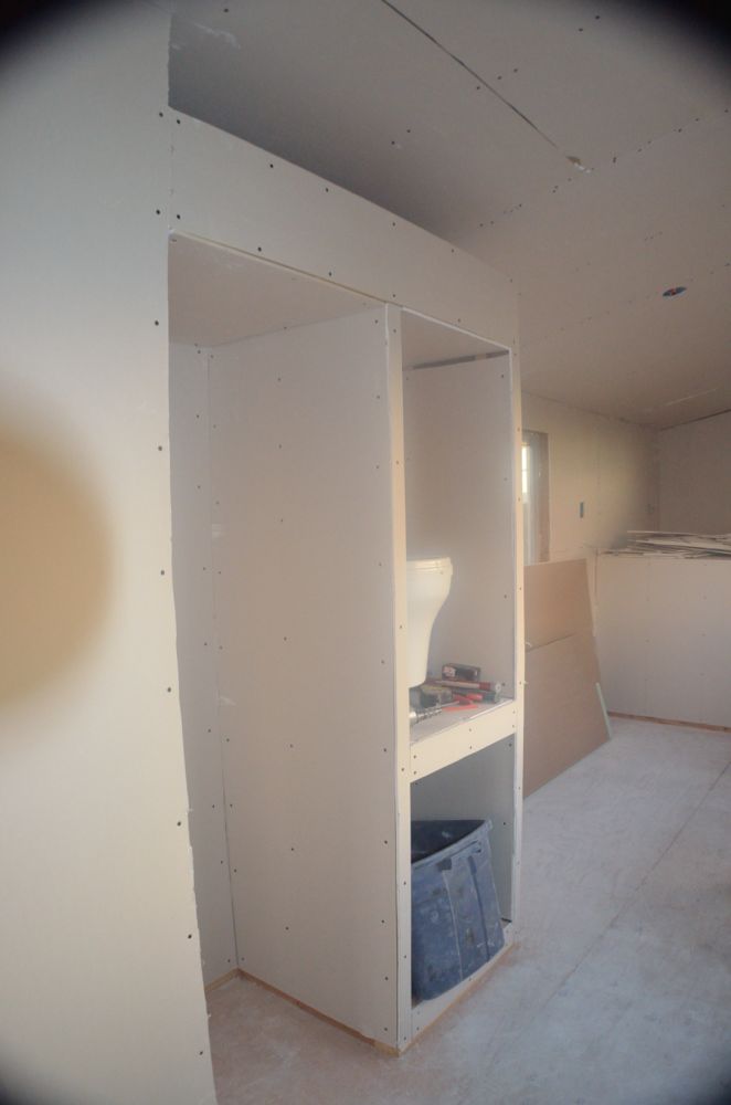 This is my fridge area and pantry area, this is also my favorite part, I love the angles of the ceiling and how it flattens out and I can capitalize on that for storage above :)