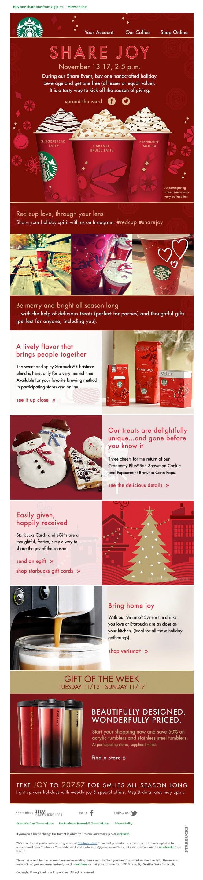 Share Joy, Starbucks holiday promotion email example