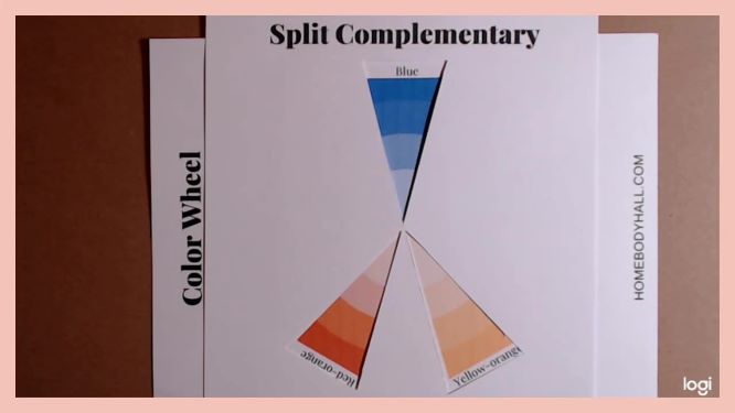 split complementary color scheme on a color wheel: blue, red-orange, yellow-orange
