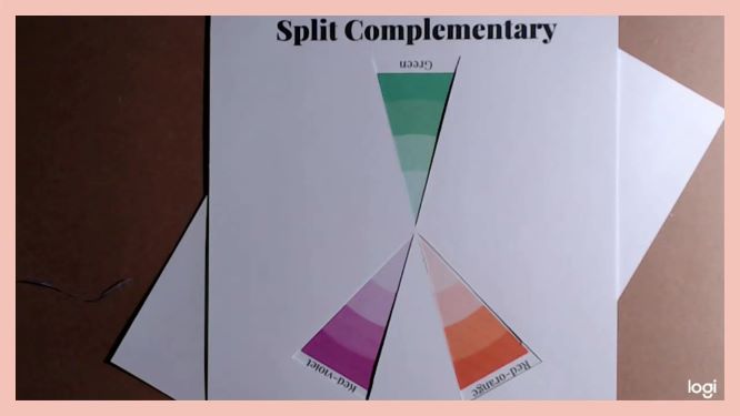 split comlimentary color scheme on color wheel: green, red-violet, red-orange