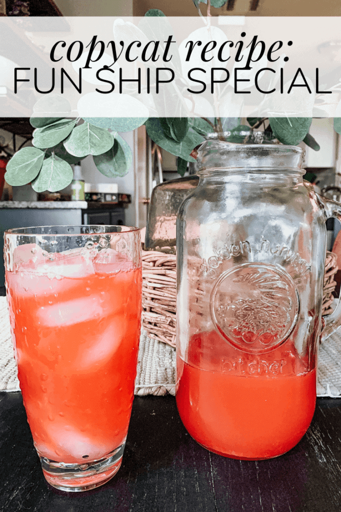 a pitcher of a cocktail next to a full glass with text overlay - copycat recipe: fun ship special