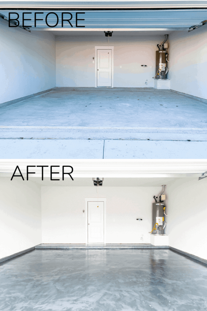 before and after of epoxy coated garage floor