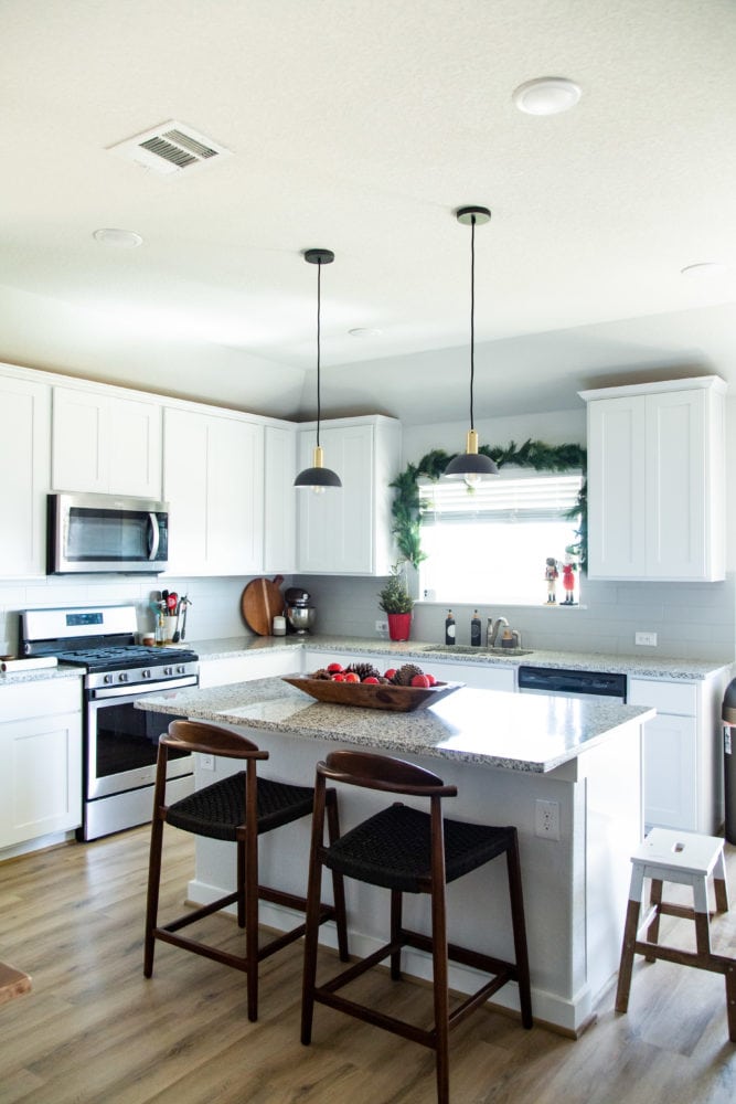kitchen with black pendant lights