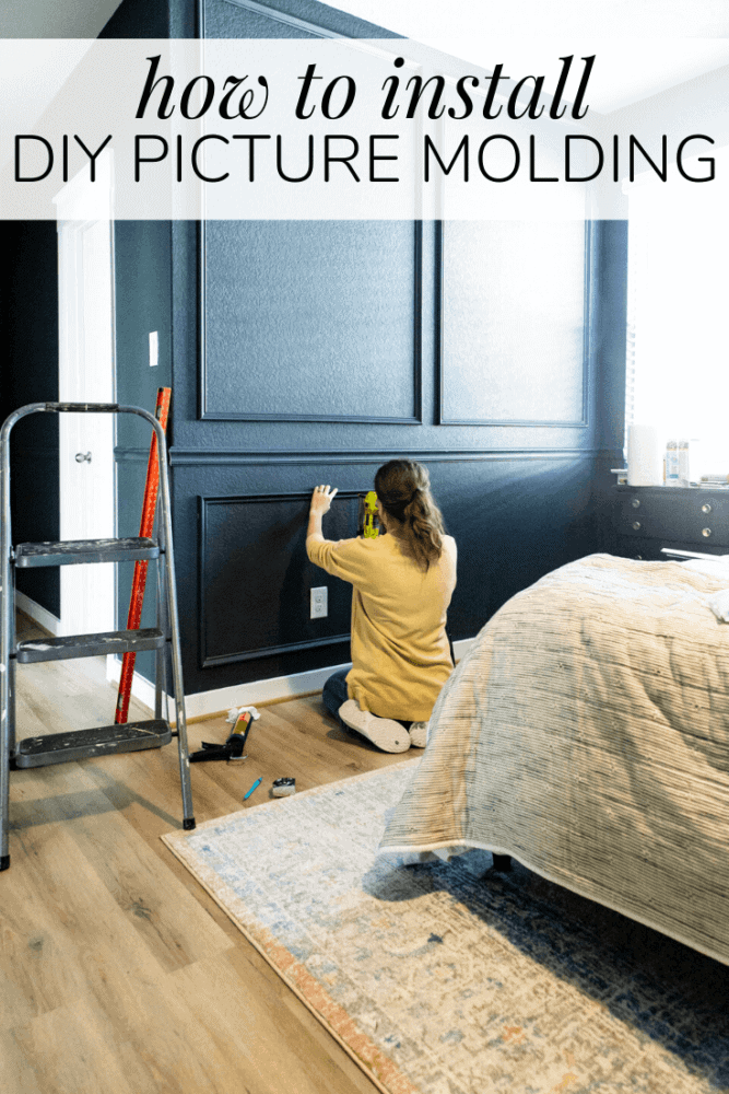 woman installing wall trim with text overlay - how to install diy picture molding