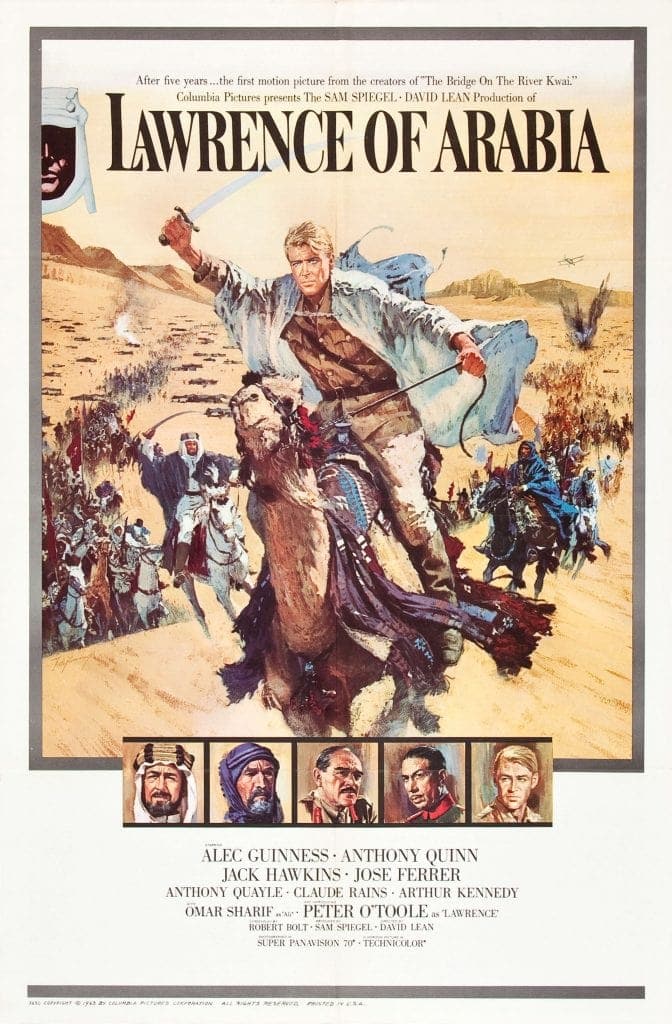 Movie poster with caucasian man in Arab dress riding camel into battleFind this travel movie on Netflix