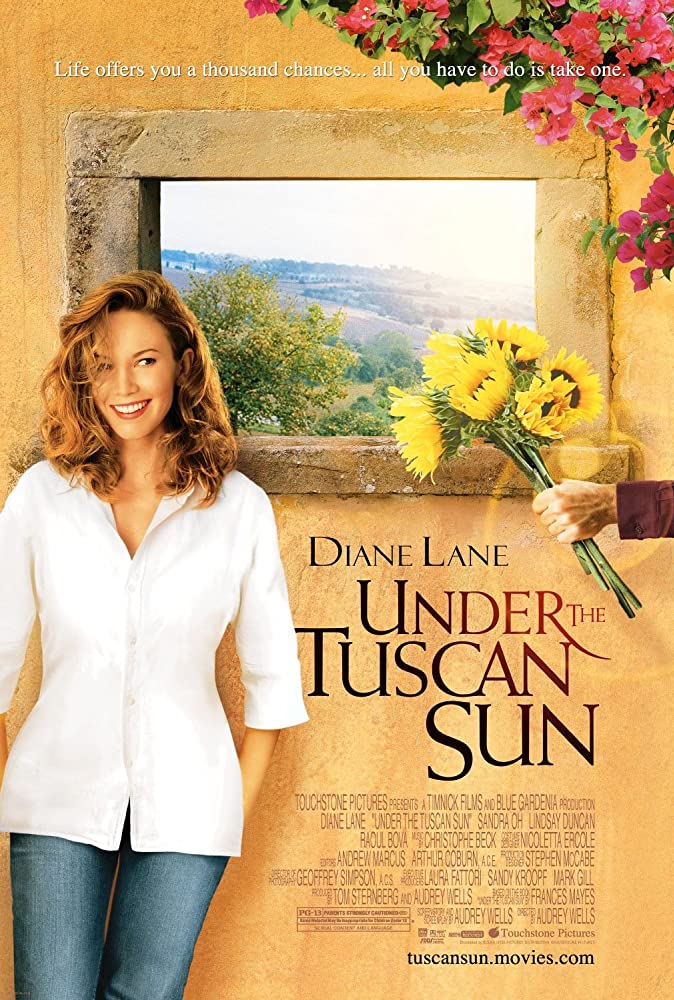 Movie poster with actress standing in front of window that looks out to the sunny Tuscan landscape. Get this travel movie on Netflix