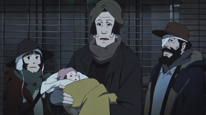 Gin, Hana y Miyuki con el bebé de Tokyo Godfathers entre las manos