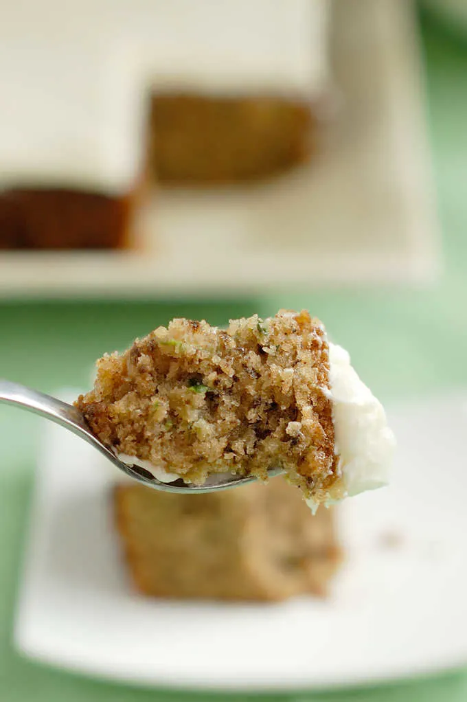 a bite of zucchini cake on a fork