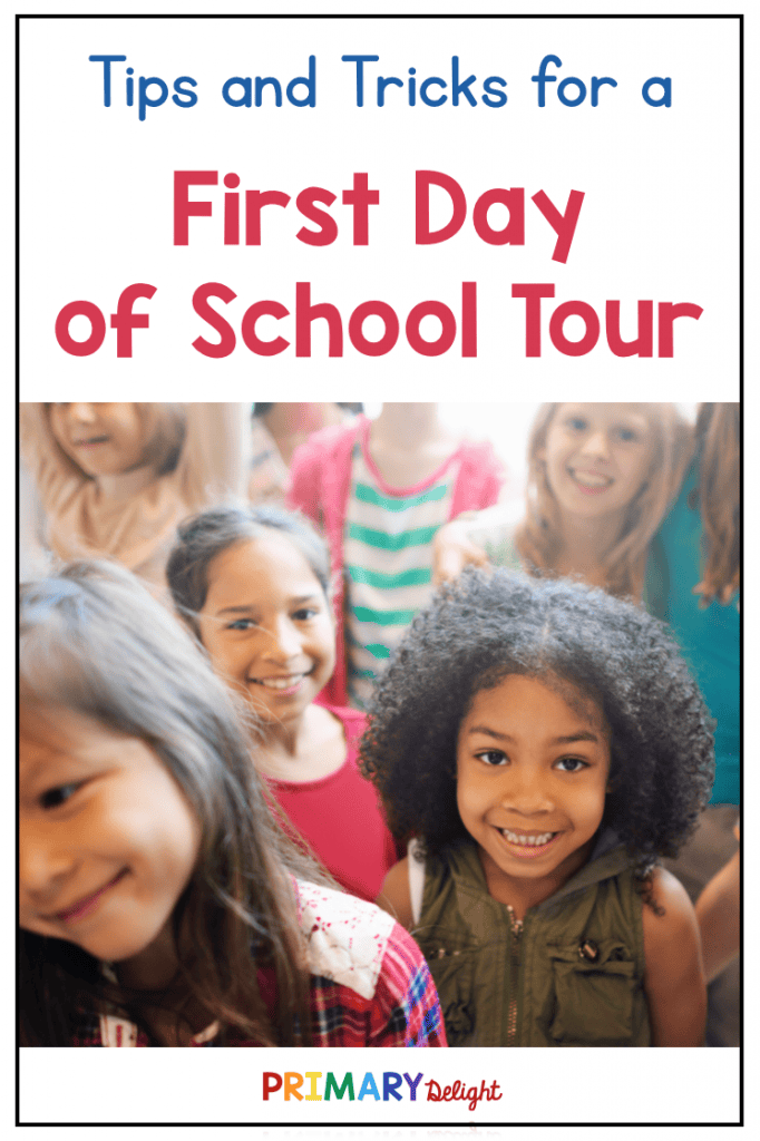 Image with a photo of a group of young children. Text says: Tips and Tricks for a First Day of School Tour.