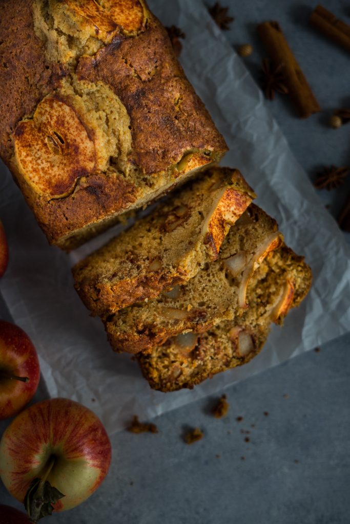 Freshly bake and sliced fall bread and some fall spices on the background