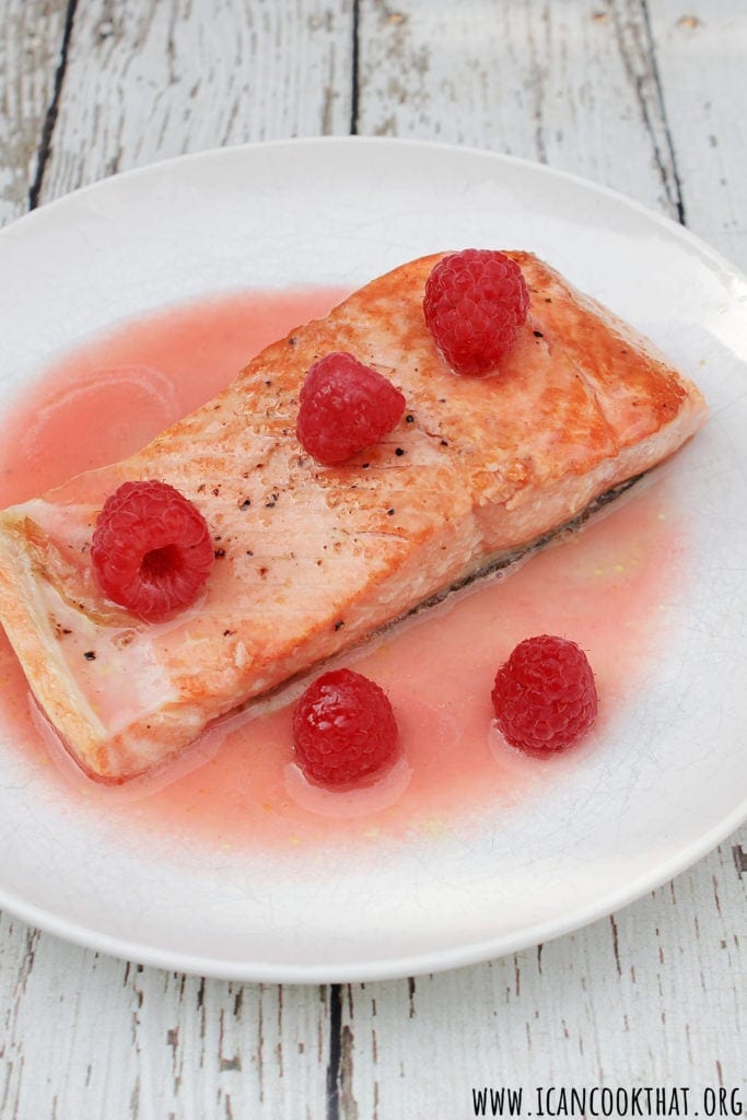 Sauteed Salmon with Berry Butter Sauce and Roasted Potatoes.