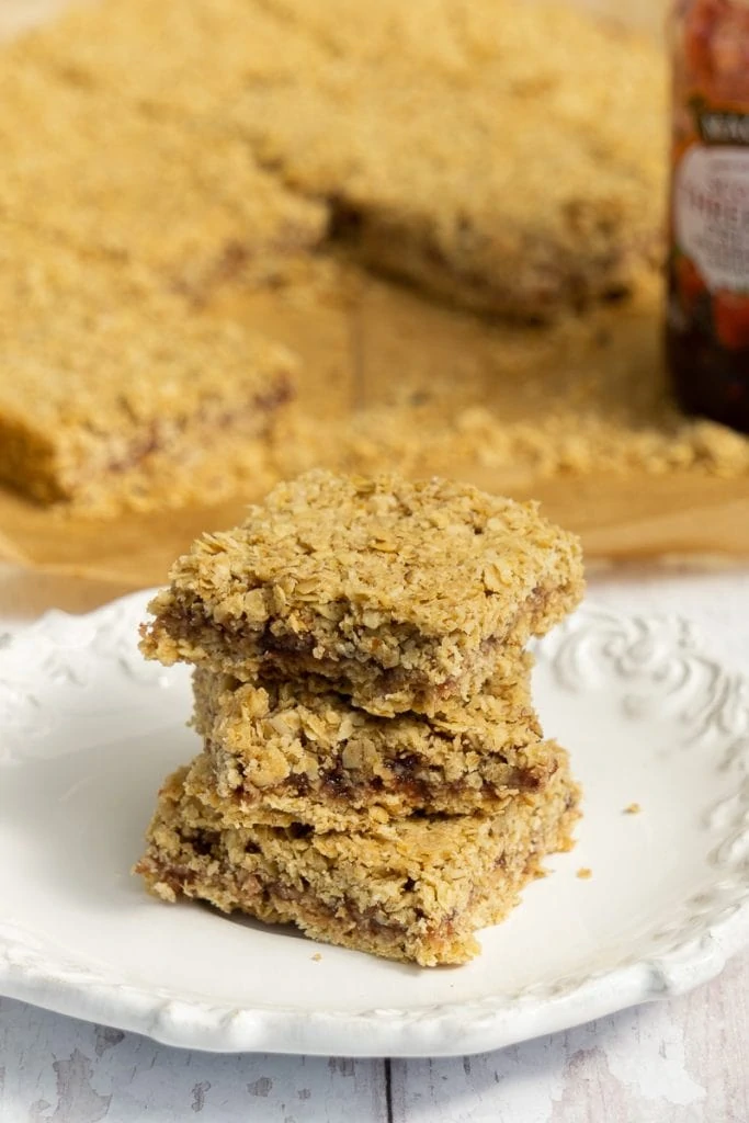 Jam Flapjacks stacked on a plate