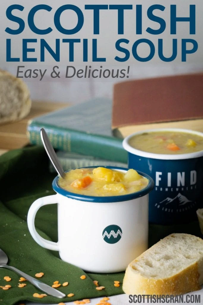 Scottish Lentil Soup - Two mugs of Scottish Lentil soup with bread and books in the background.