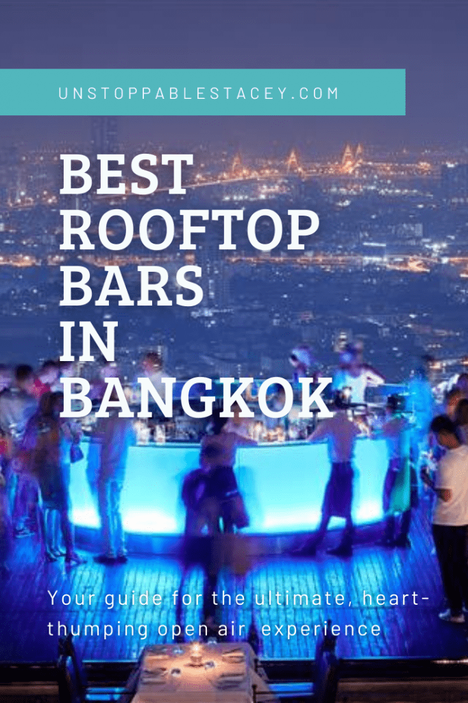 Pin this: Pinterest image with roof top bar in Bangkok with blue backlit bar and people silhouetted around it - text reads: "Best rooftop Bars in Bangkok"