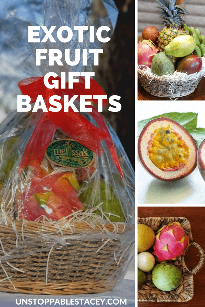 pinterest graphic that says: Exotic Fruit Baskets" and has pictures of 3 tropical fruit baskets and one photo of passion fruit