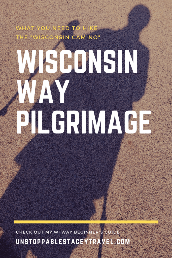 Pinterest image with shadow of pilgrim on apphalt and the words; Wisconsin Way Pilgrimage" over it
