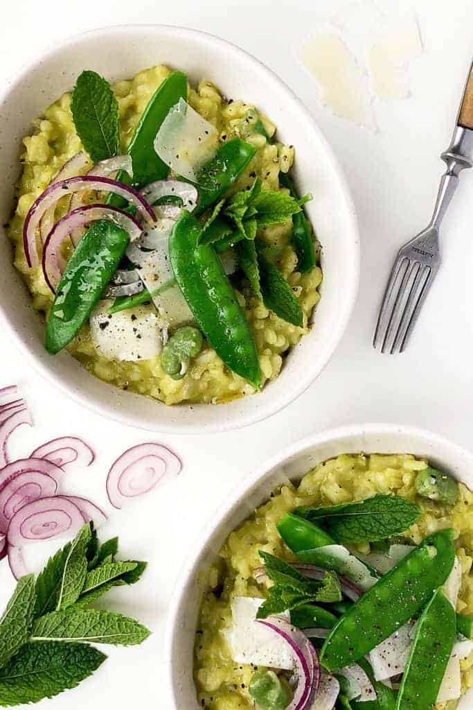 Pureed and Blanched Mangetout risotto