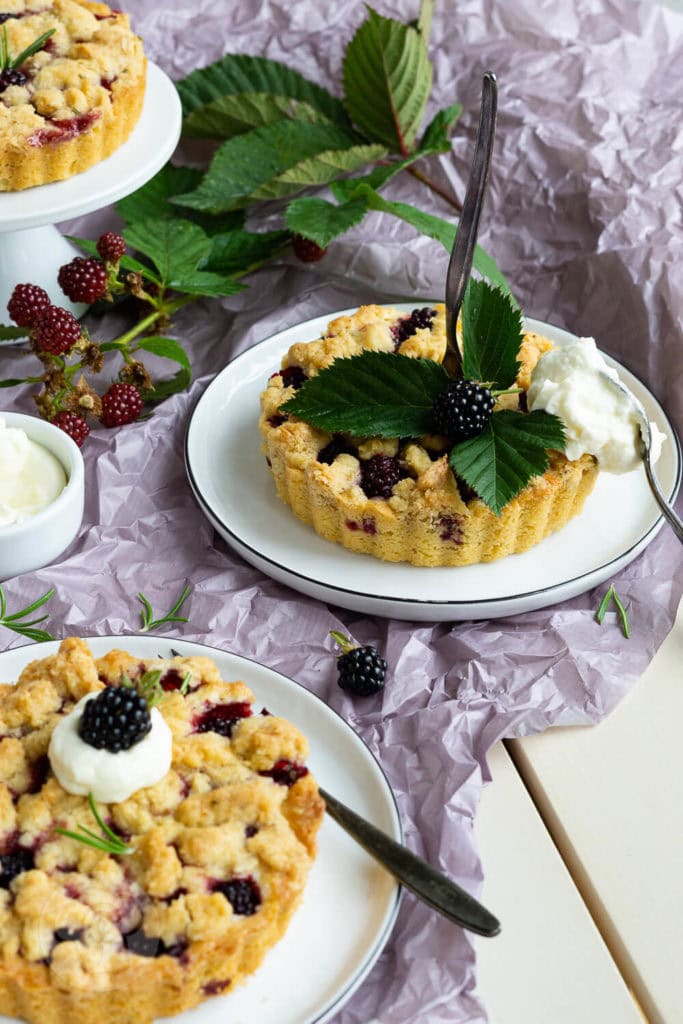 Kleine Brombeerkuchen mit Streuseln 6 Kleine Brombeer-Streusel-Kuchen mit Rosmarin. Die kleinen Kuchen sind super schnell gemacht und schmecken mit frischen oder tiefgefrorenen Beeren. Ein Genuss für alle, die Beeren lieben. Passt zu jeder Kaffeetafel. Küchentraum & Purzelbaum | #backen | #brombeeren | #streusel