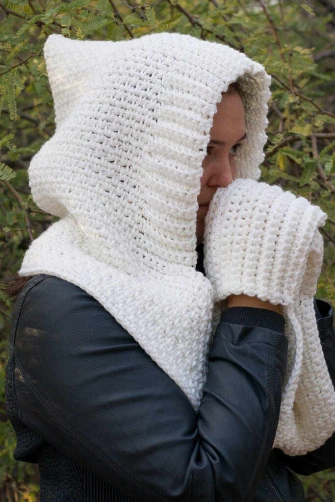 The Woodland Hooded Scarf Crochet Pattern - Unique hooded scarf with pockets.