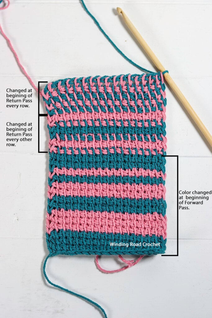 Learn how to change colors in Tunisian Crochet two different ways during lesson 4 of the free Tunisian crochet course with video tutorials.