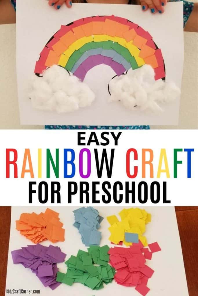 Rainbow paper craft with teared coloured paper and, cotton balls and free raibow template