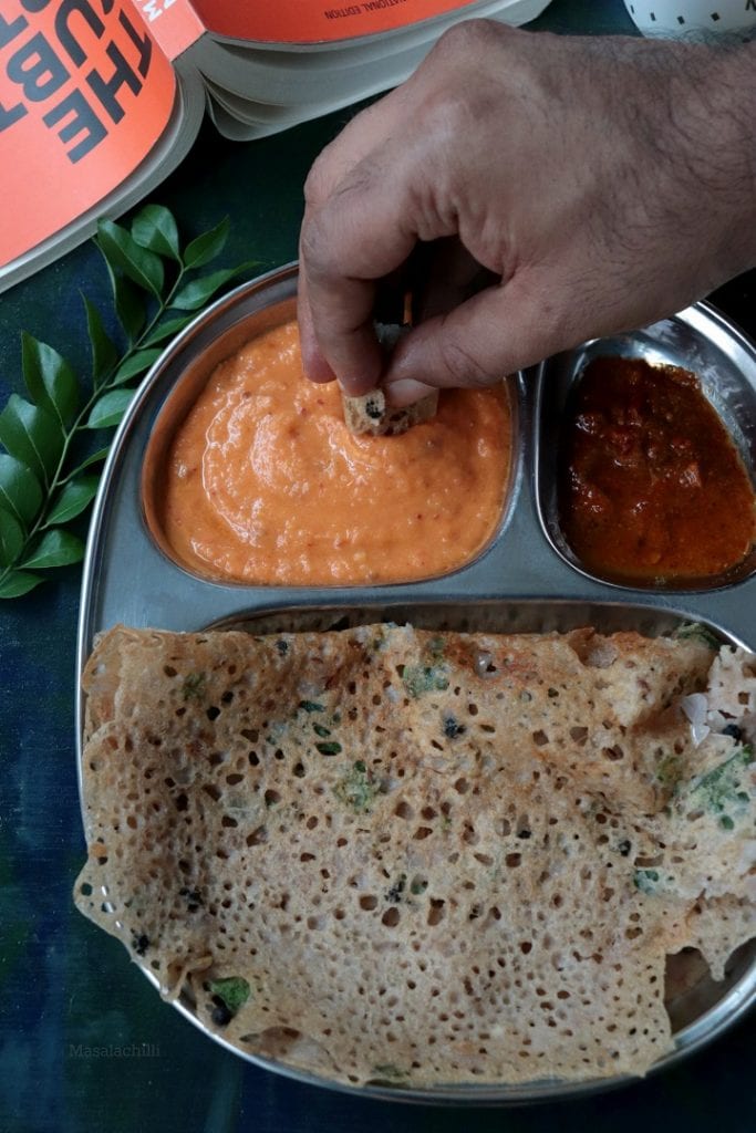 Ragi Rava Dosa served with podi and chutney