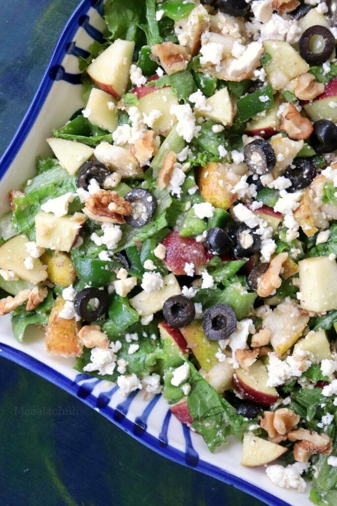 Pear Salad Recipe with walnuts, feta cheese and apples and a 5 ingredient salad dressing