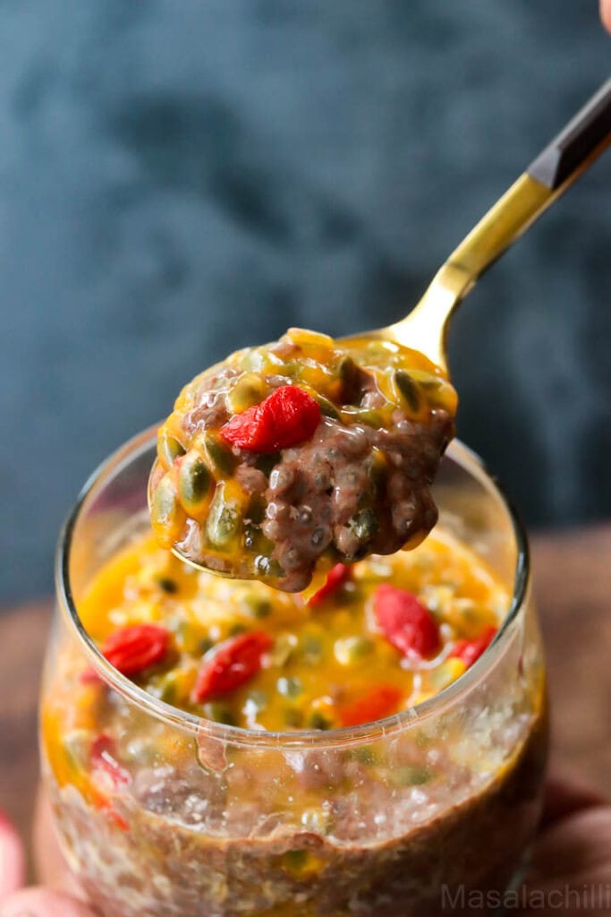 Chocolate Chia Pudding with Passion Fruit