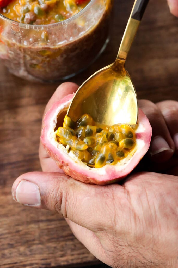 Chocolate Chia Pudding with Passion Fruit