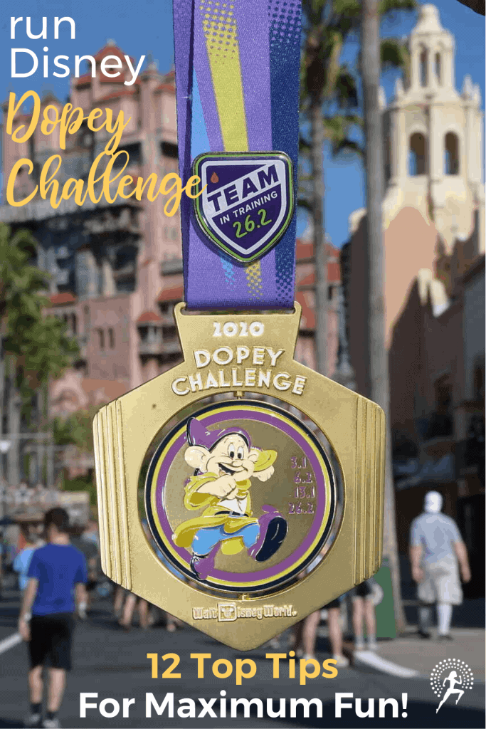 12 Top Tips to ensure your first or next runDisney Dopey Challenge is awesome! Race overview & key tips to maximize the fun & memories while managing fatigue! #running #runningtips #dopeychallenge #rundisney #runningglow