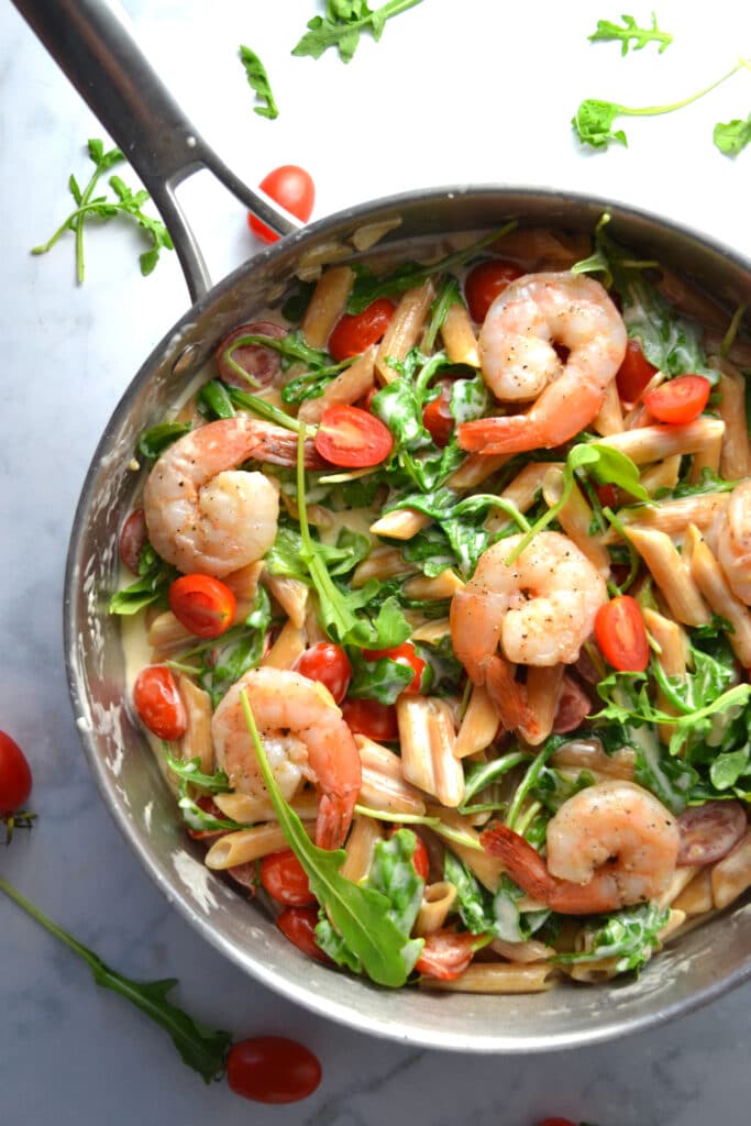 Creamy Shrimp Pasta with Tomatoes and Arugula | Delish D'Lites