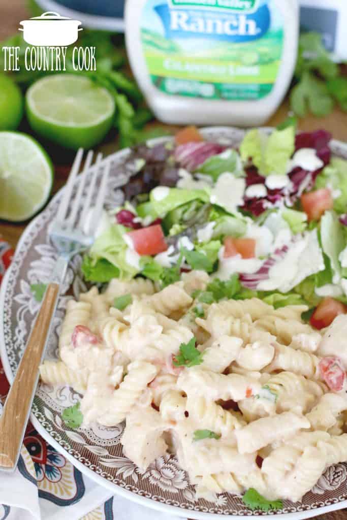Slow Cooker Salsa Ranch Chicken Pasta with salad
