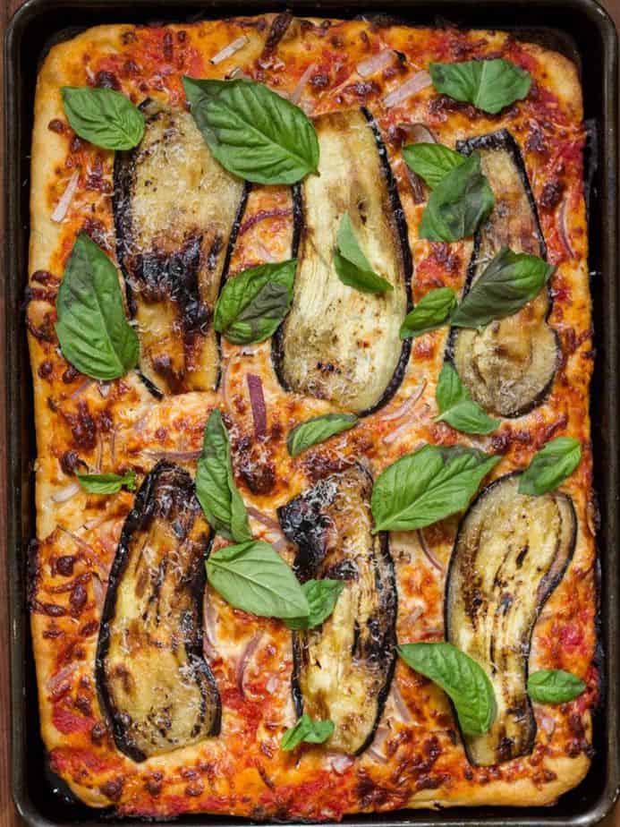 Aubergine and caramelized onion on pizza