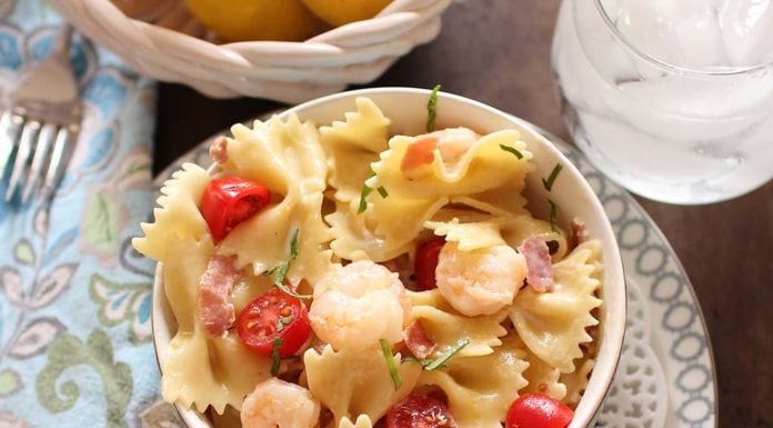 Flavor packed Shrimp and Prosciutto Pasta - this single serving recipe is loaded with plenty of shrimp and chopped prosciutto simmered a rich and creamy sauce.|www.onedishkitchen.com