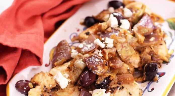 The flavors in this Skillet Chicken with Artichokes are amazing! Kalamata olives, red onions, artichokes and feta come together beautifully and compliment each other so well in this easy to make single serving dish. | One Dish Kitchen
