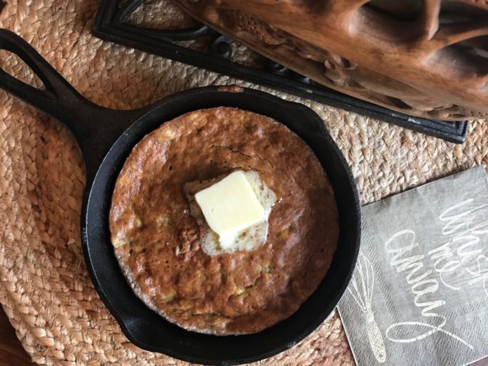 a single serving of banana bread made in a cast iron skillet | one dish kitchen